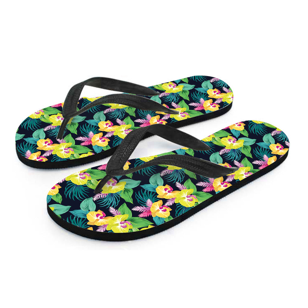 Yellow Orchid Pattern Print Flip Flops