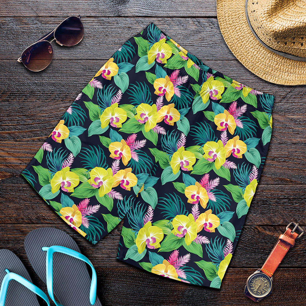 Yellow Orchid Pattern Print Men's Shorts