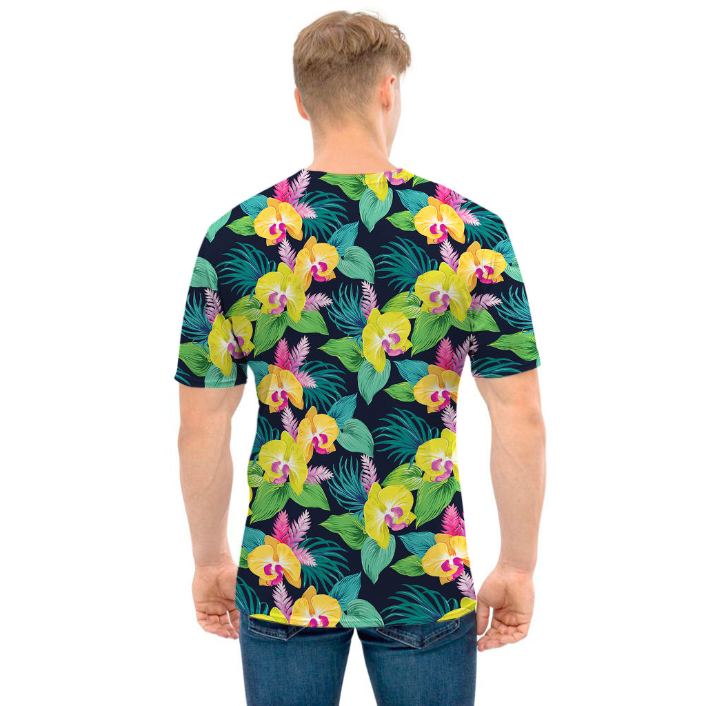 Yellow Orchid Pattern Print Men's T-Shirt