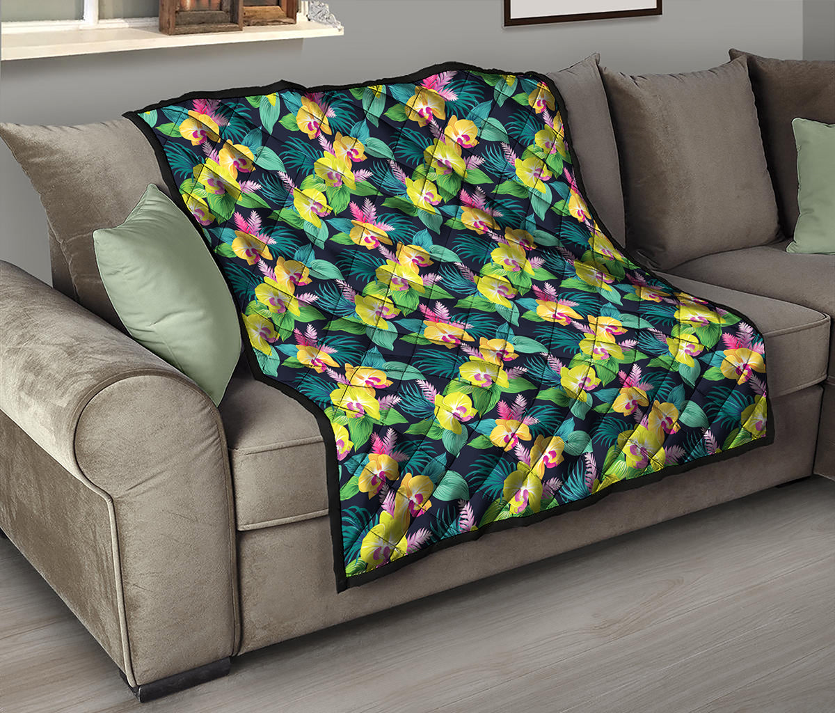 Yellow Orchid Pattern Print Quilt
