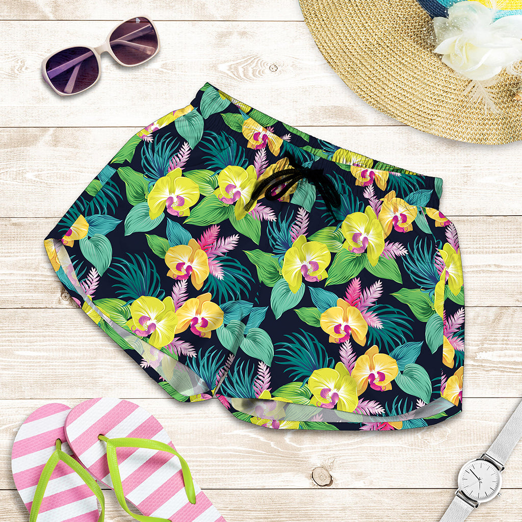 Yellow Orchid Pattern Print Women's Shorts