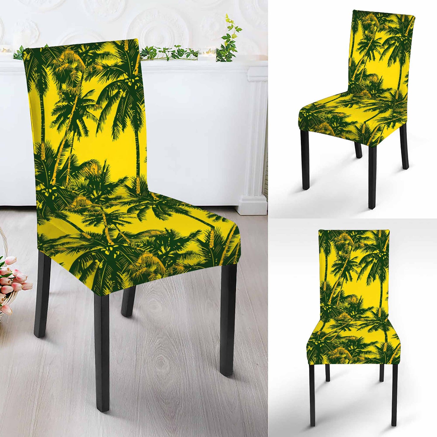 Yellow Palm Tree Pattern Print Dining Chair Slipcover