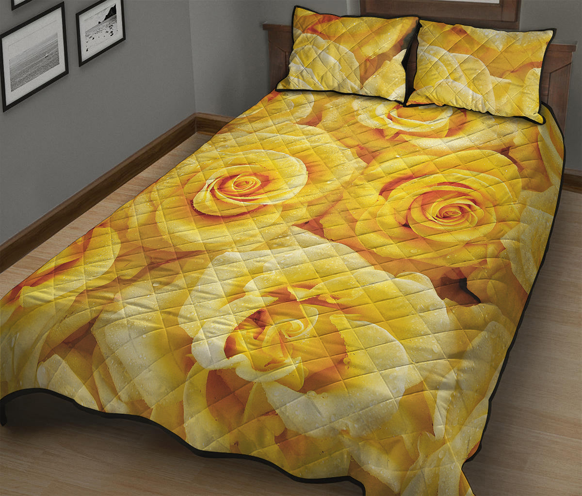 Yellow Rose Print Quilt Bed Set
