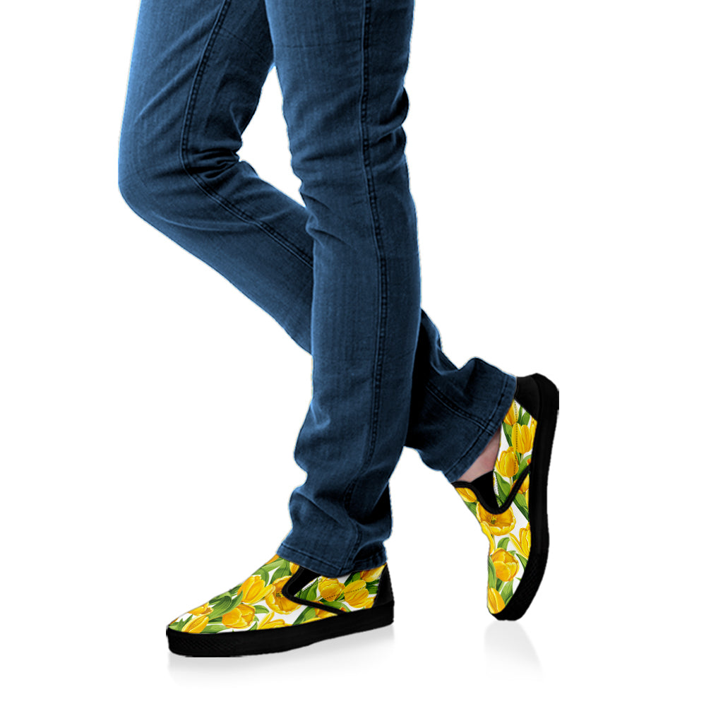 Yellow Spring Tulip Pattern Print Black Slip On Shoes