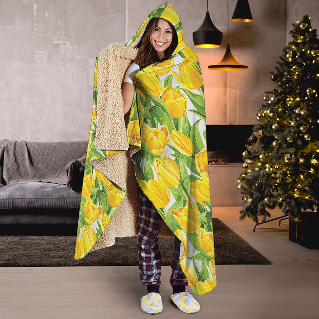 Yellow Spring Tulip Pattern Print Hooded Blanket