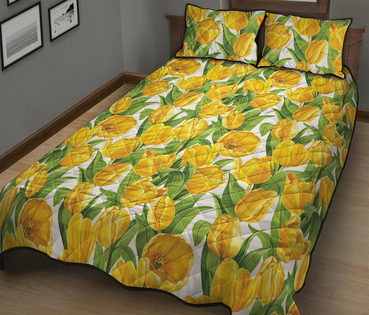 Yellow Spring Tulip Pattern Print Quilt Bed Set