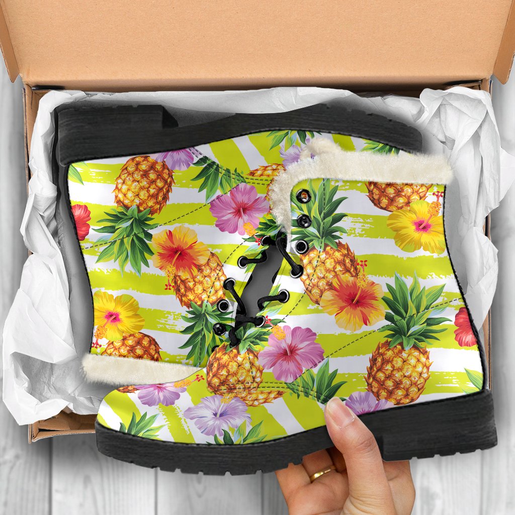 Yellow Striped Pineapple Pattern Print Comfy Boots GearFrost