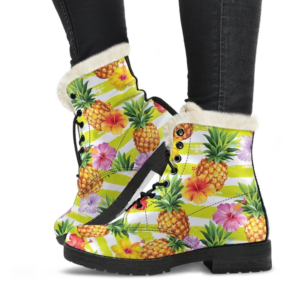 Yellow Striped Pineapple Pattern Print Comfy Boots GearFrost
