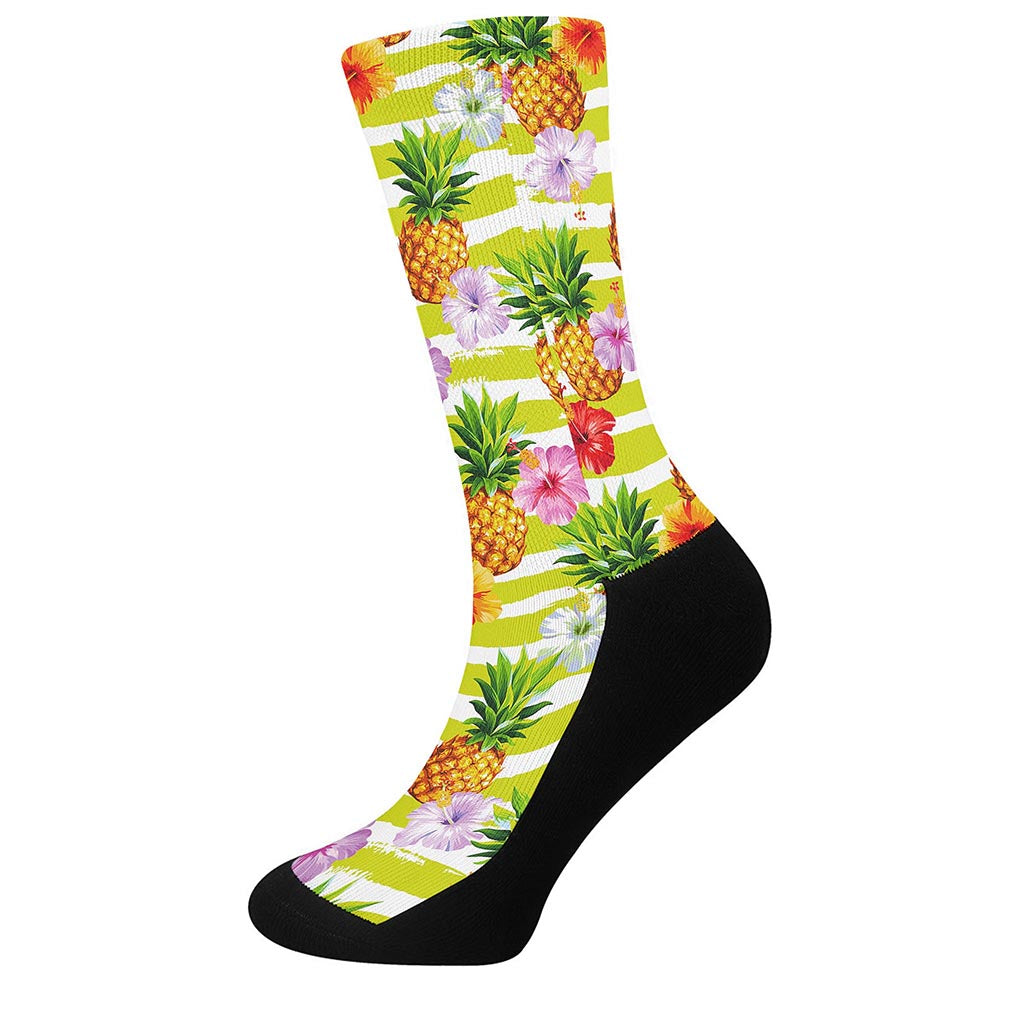 Yellow Striped Pineapple Pattern Print Crew Socks