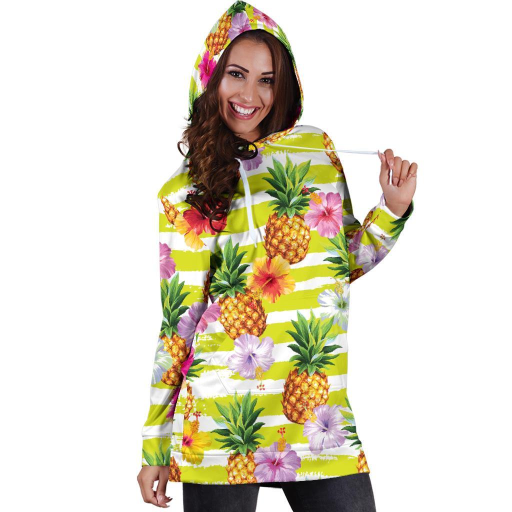 Yellow Striped Pineapple Pattern Print Hoodie Dress GearFrost