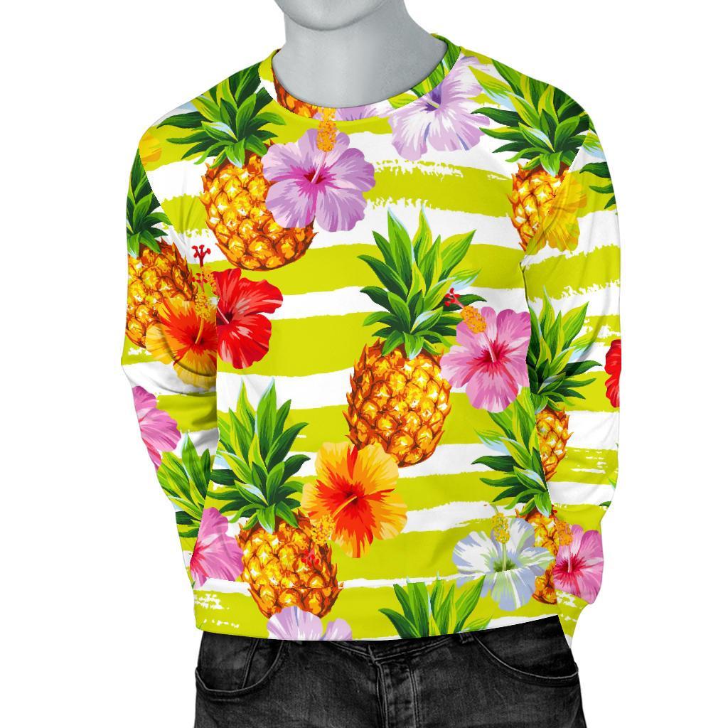 Yellow Striped Pineapple Pattern Print Men's Crewneck Sweatshirt GearFrost