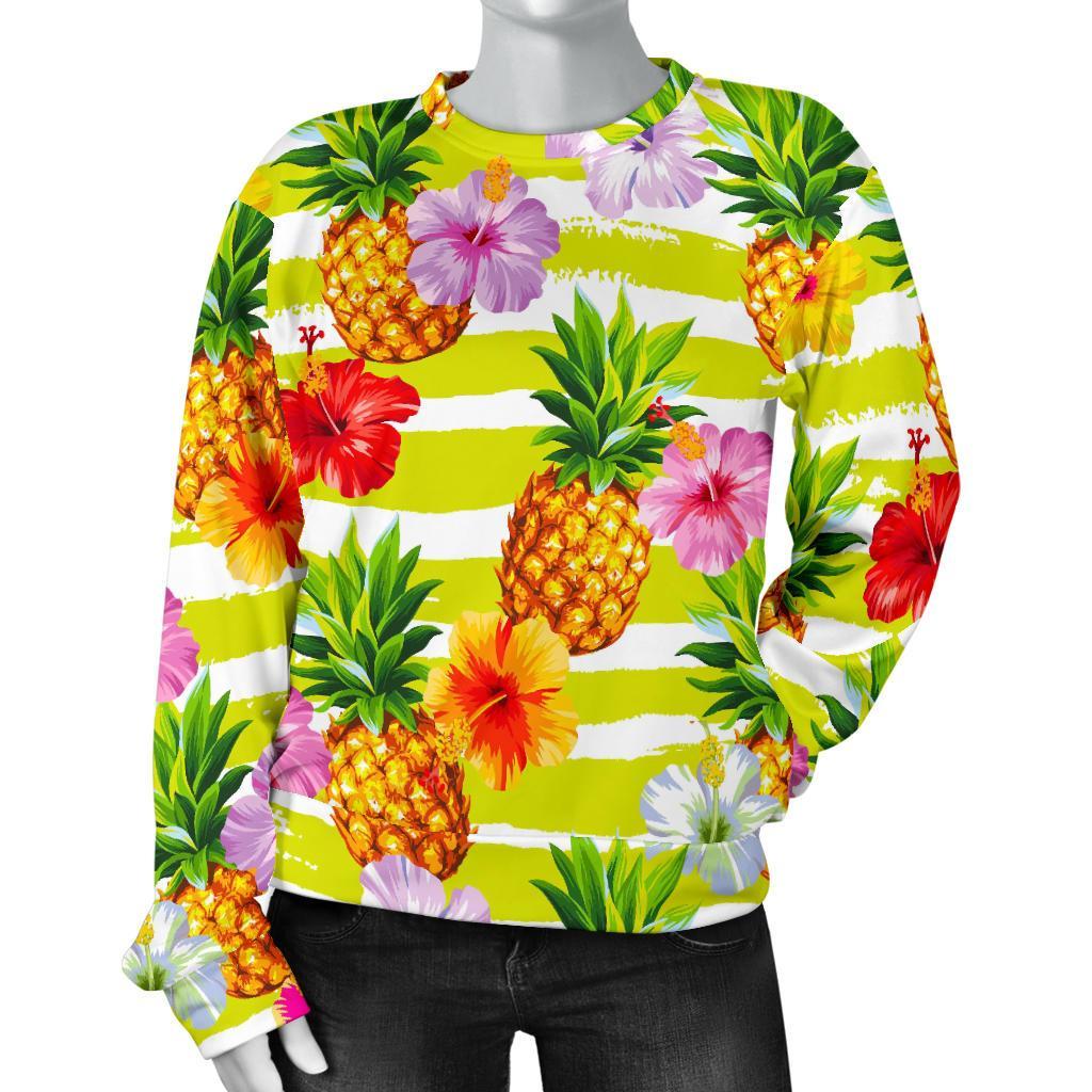 Yellow Striped Pineapple Pattern Print Women's Crewneck Sweatshirt GearFrost