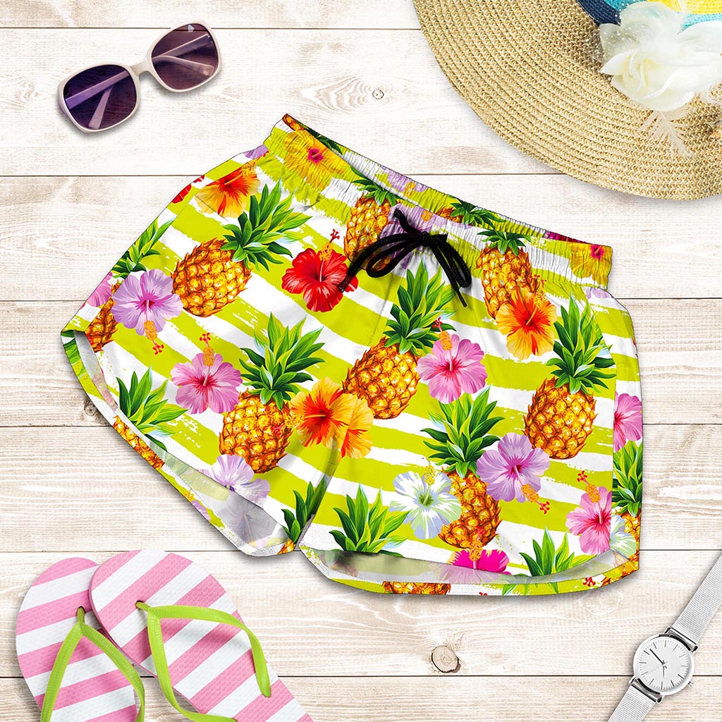 Yellow Striped Pineapple Pattern Print Women's Shorts