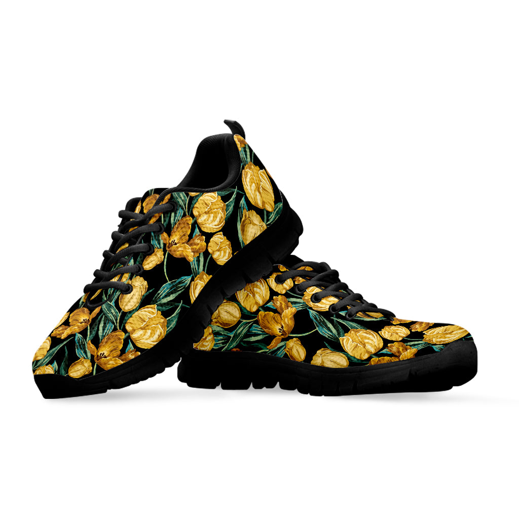Yellow Tulip Floral Pattern Print Black Sneakers