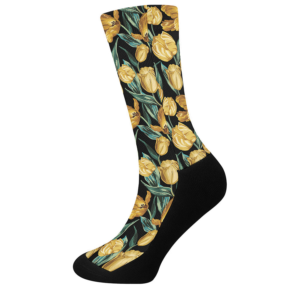 Yellow Tulip Floral Pattern Print Crew Socks