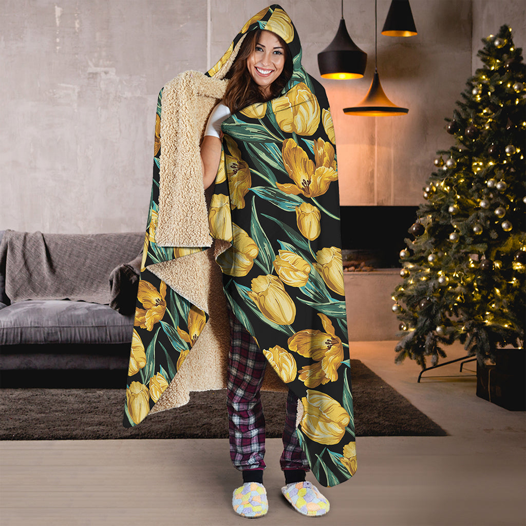 Yellow Tulip Floral Pattern Print Hooded Blanket
