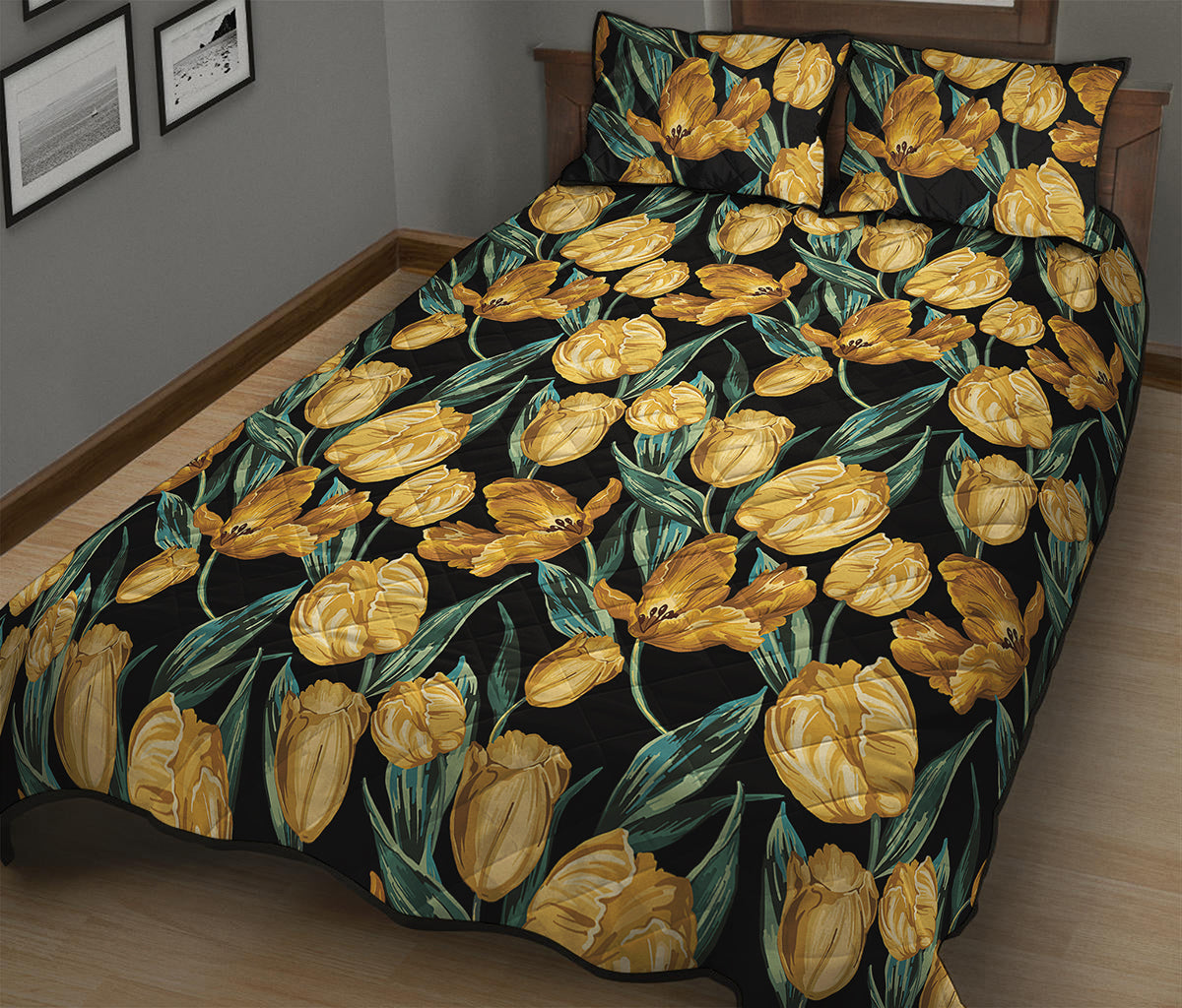 Yellow Tulip Floral Pattern Print Quilt Bed Set