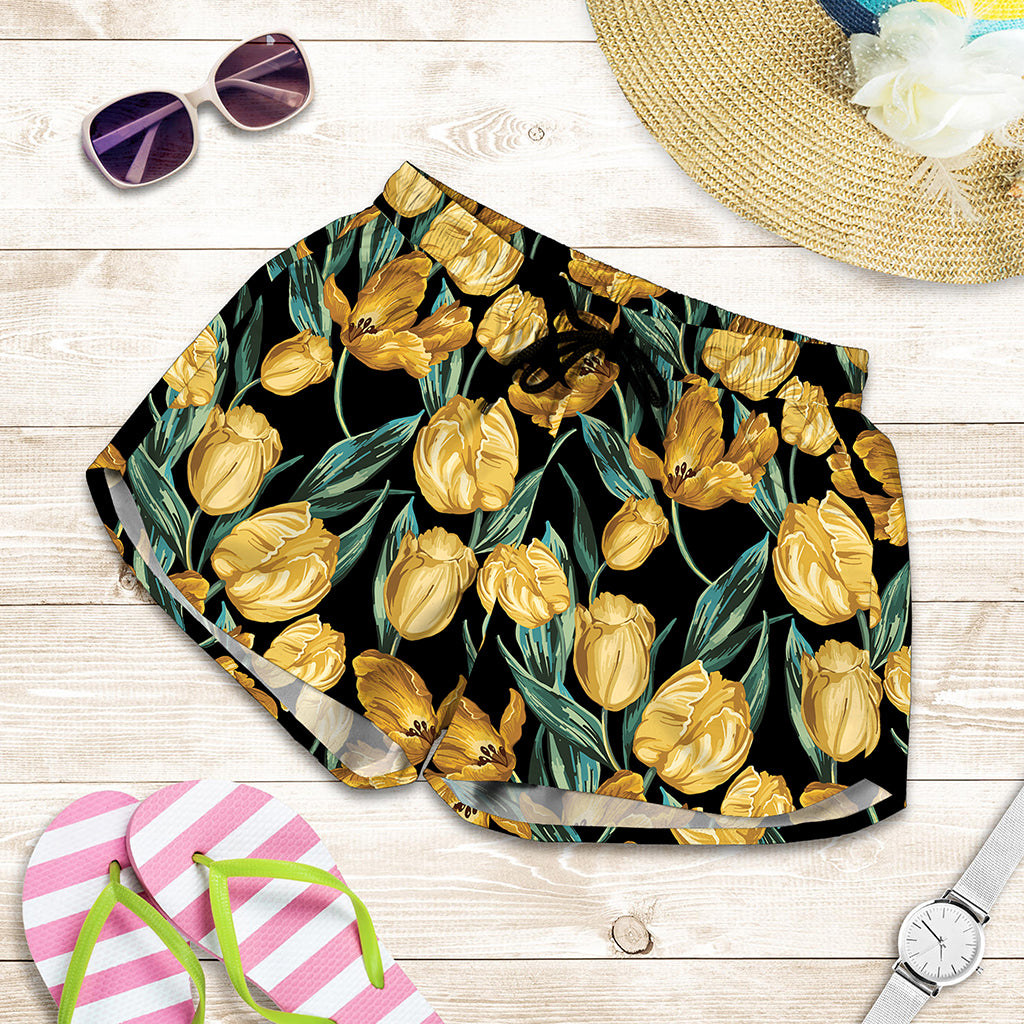 Yellow Tulip Floral Pattern Print Women's Shorts