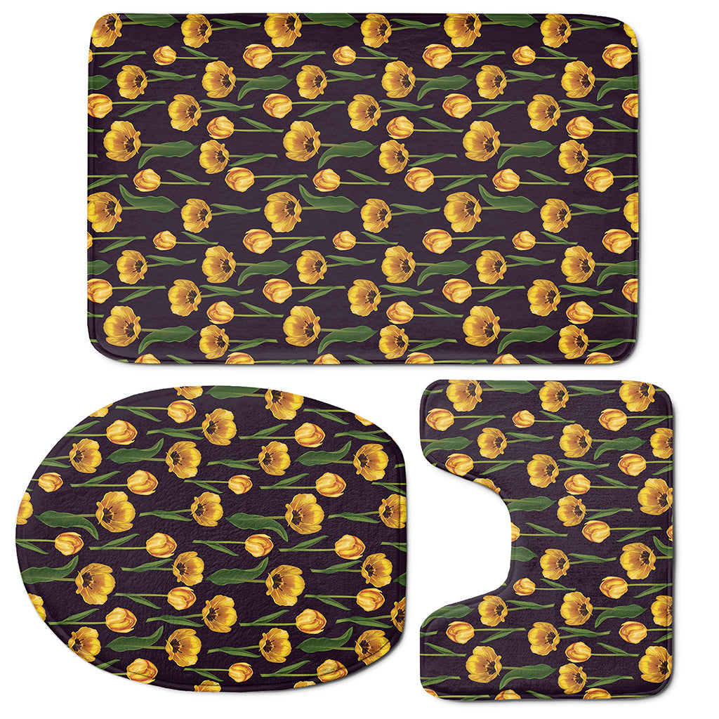 Yellow Tulip Flower Pattern Print 3 Piece Bath Mat Set