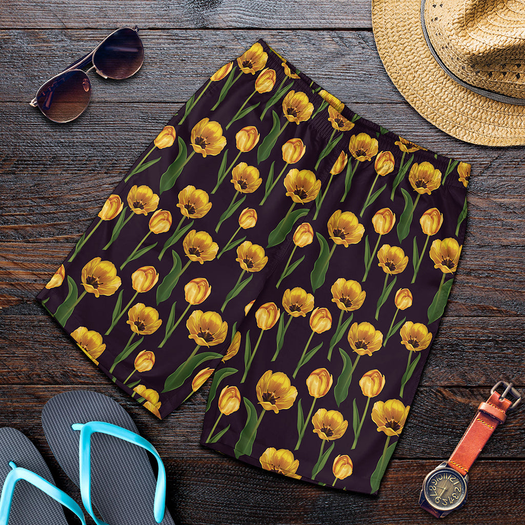 Yellow Tulip Flower Pattern Print Men's Shorts
