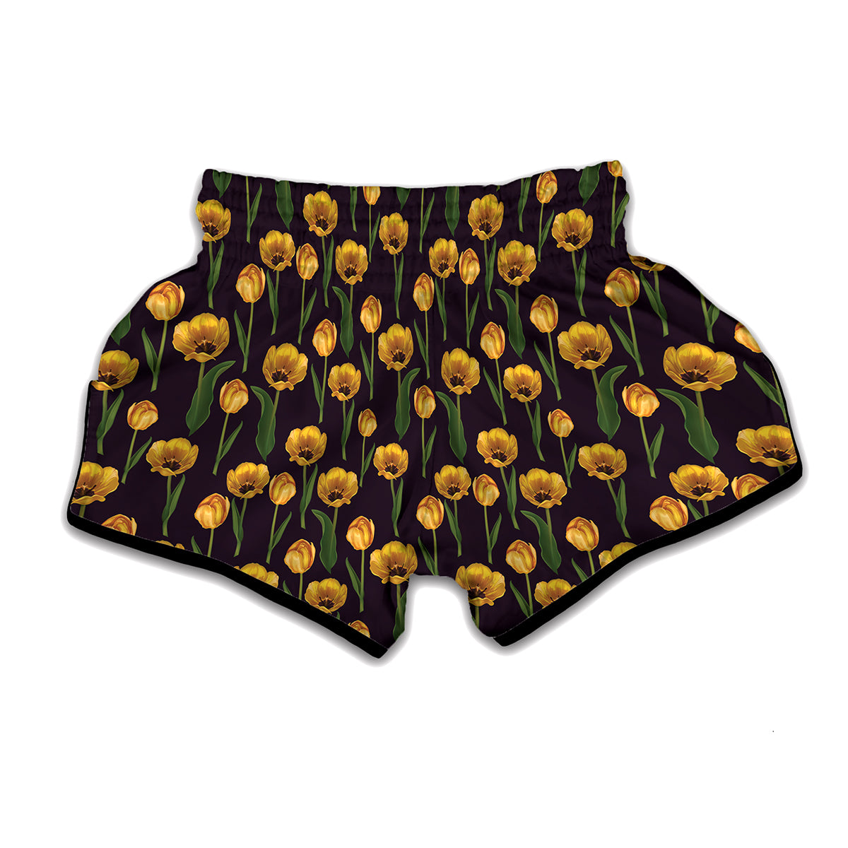 Yellow Tulip Flower Pattern Print Muay Thai Boxing Shorts