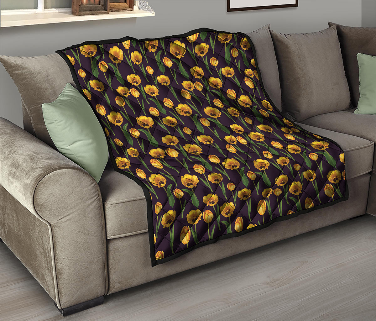 Yellow Tulip Flower Pattern Print Quilt
