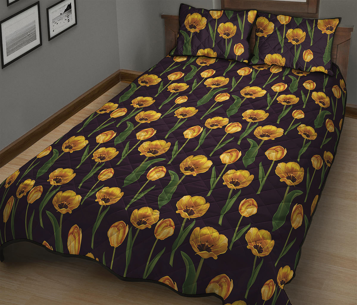 Yellow Tulip Flower Pattern Print Quilt Bed Set