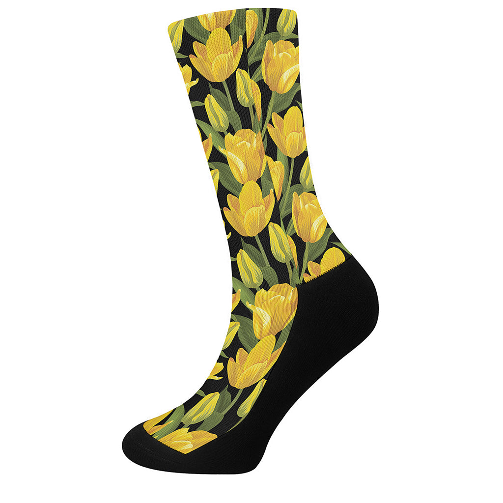 Yellow Tulip Pattern Print Crew Socks