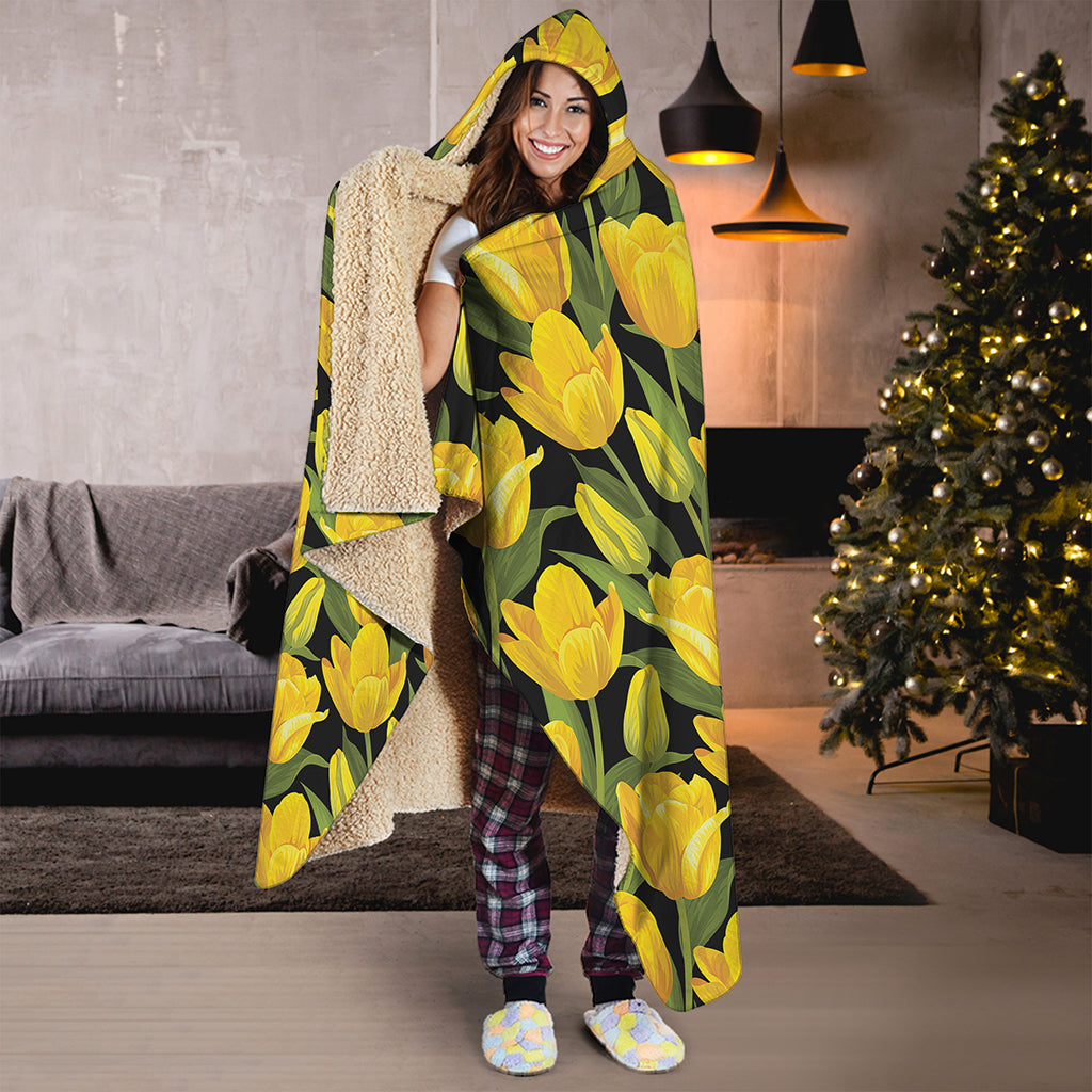 Yellow Tulip Pattern Print Hooded Blanket