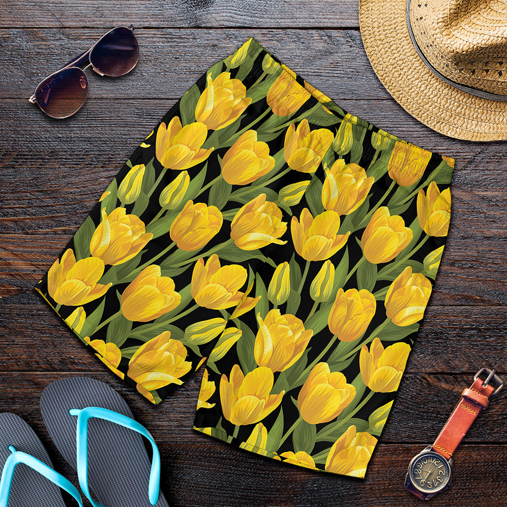 Yellow Tulip Pattern Print Men's Shorts