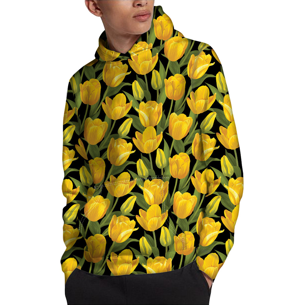Yellow Tulip Pattern Print Pullover Hoodie