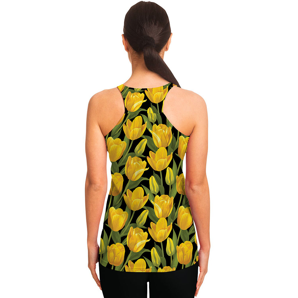 Yellow Tulip Pattern Print Women's Racerback Tank Top