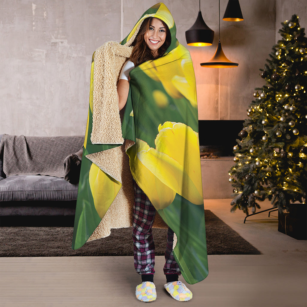Yellow Tulip Print Hooded Blanket