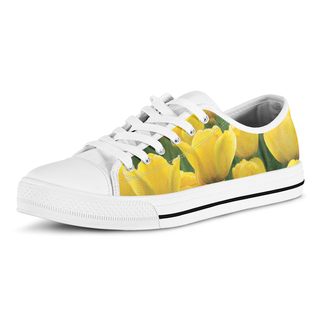 Yellow Tulip Print White Low Top Shoes