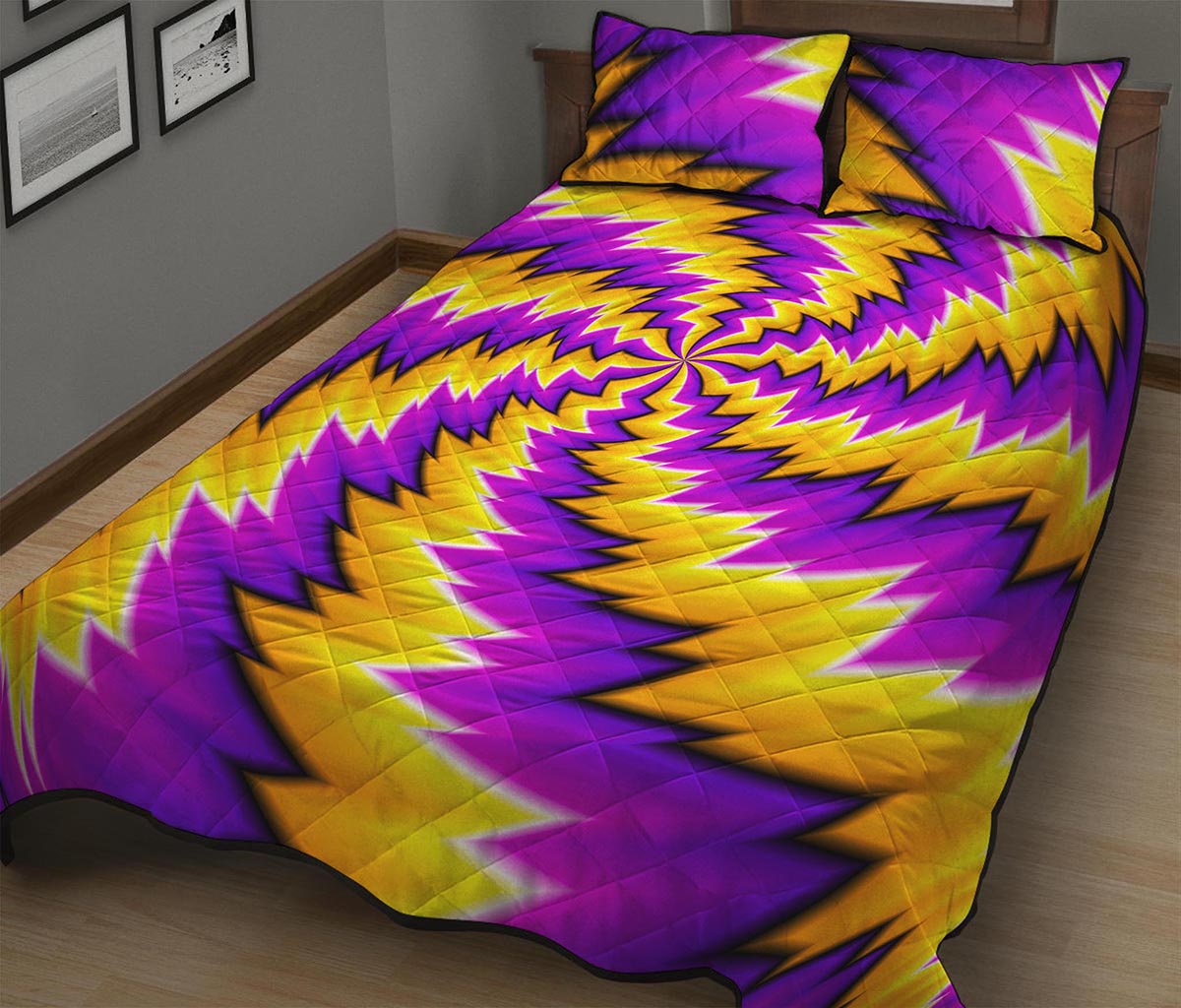 Yellow Vortex Moving Optical Illusion Quilt Bed Set