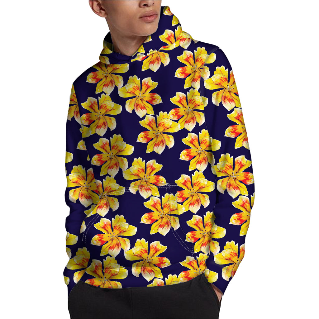 Yellow Watercolor Lily Pattern Print Pullover Hoodie