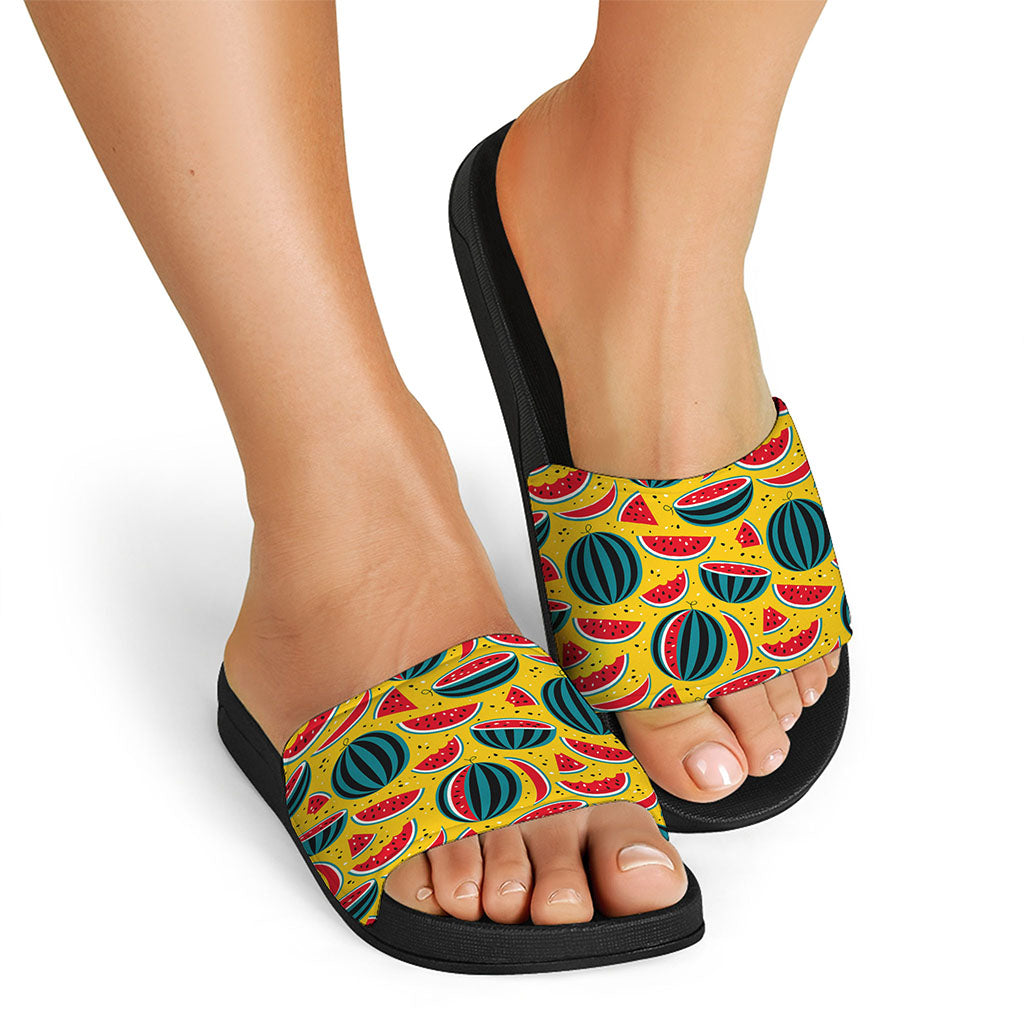 Yellow Watermelon Pieces Pattern Print Black Slide Sandals