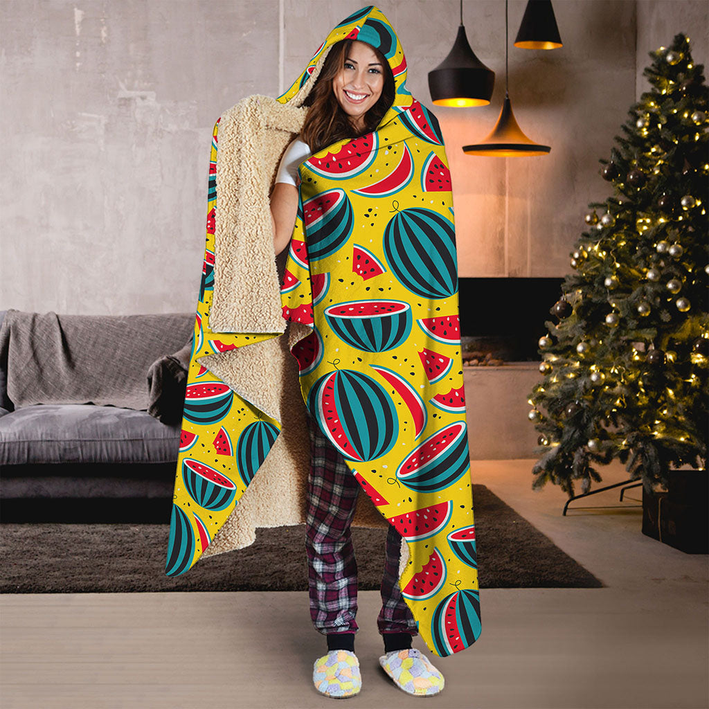 Yellow Watermelon Pieces Pattern Print Hooded Blanket
