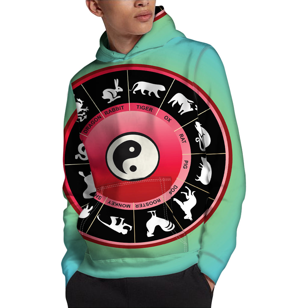 Yin Yang Chinese Zodiac Signs Print Pullover Hoodie