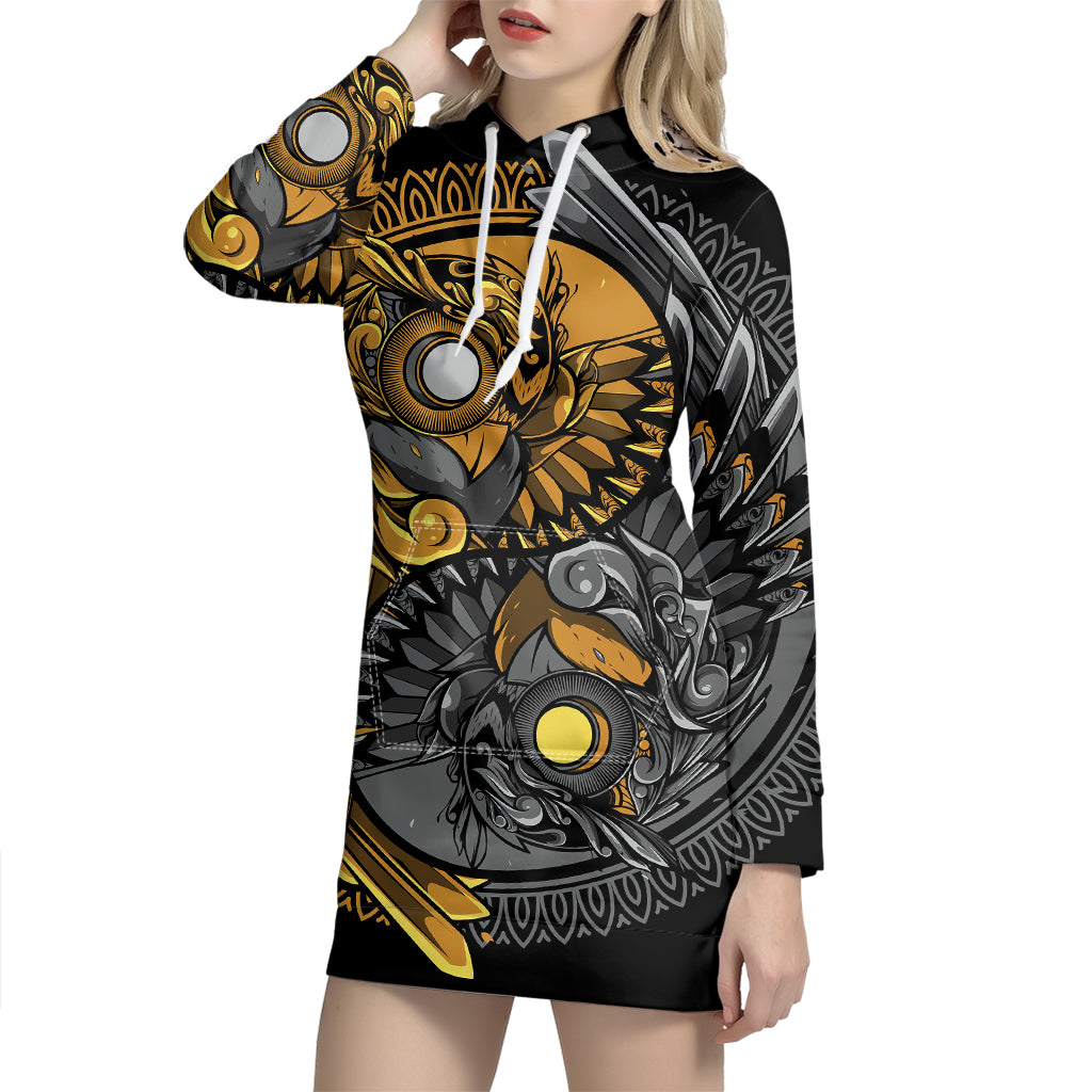 Yin Yang Owl Print Pullover Hoodie Dress