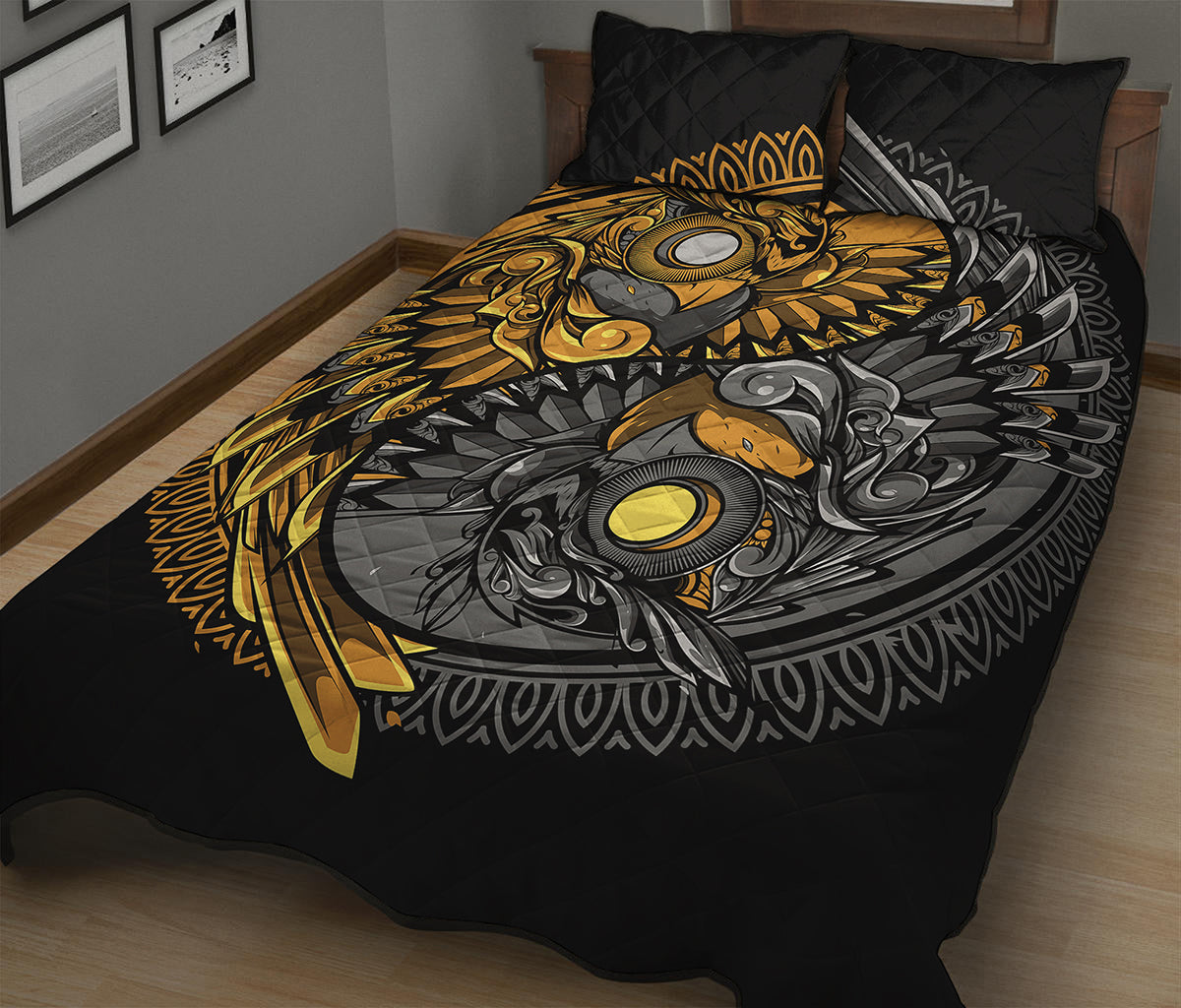 Yin Yang Owl Print Quilt Bed Set