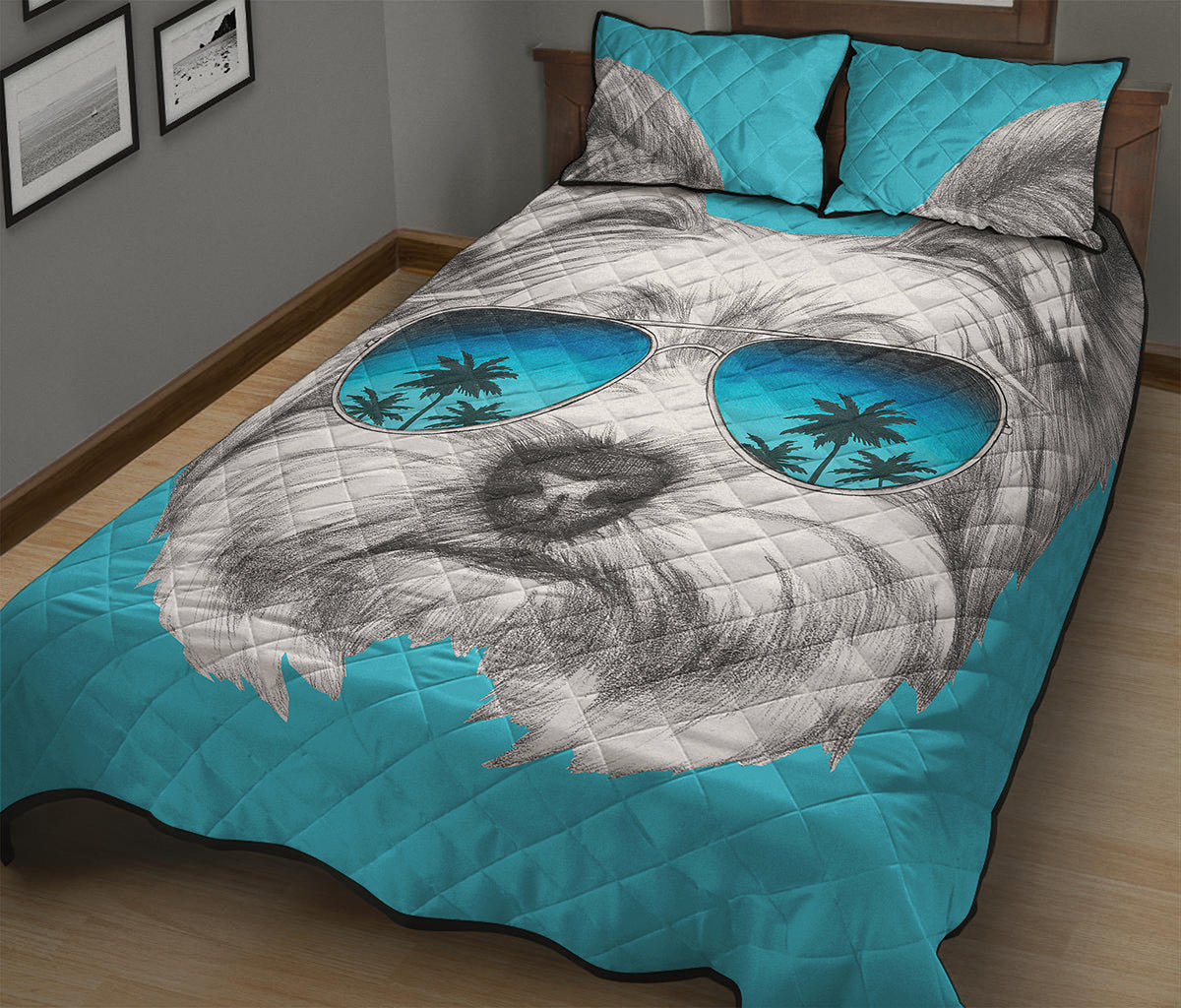 Yorkshire Terrier With Sunglasses Print Quilt Bed Set