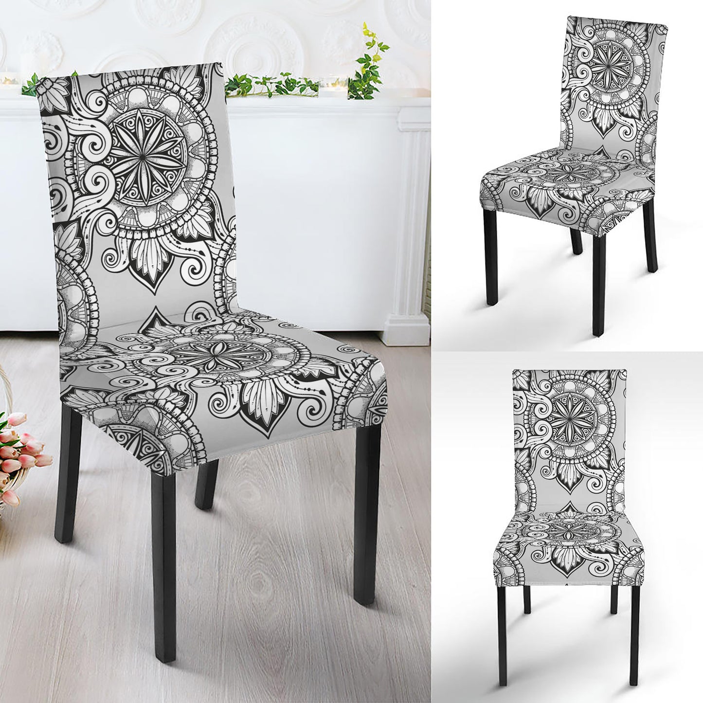 Zentangle Floral Pattern Print Dining Chair Slipcover
