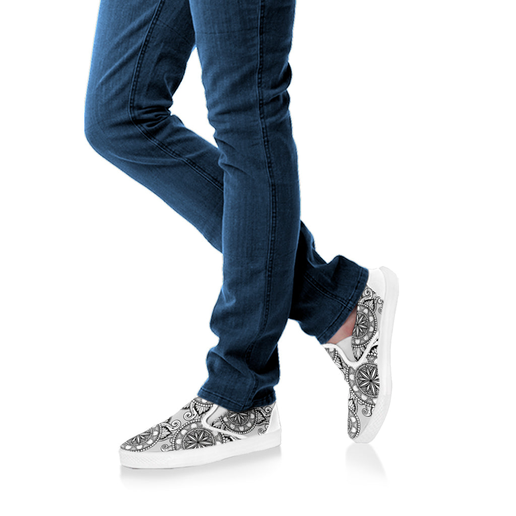 Zentangle Floral Pattern Print White Slip On Shoes