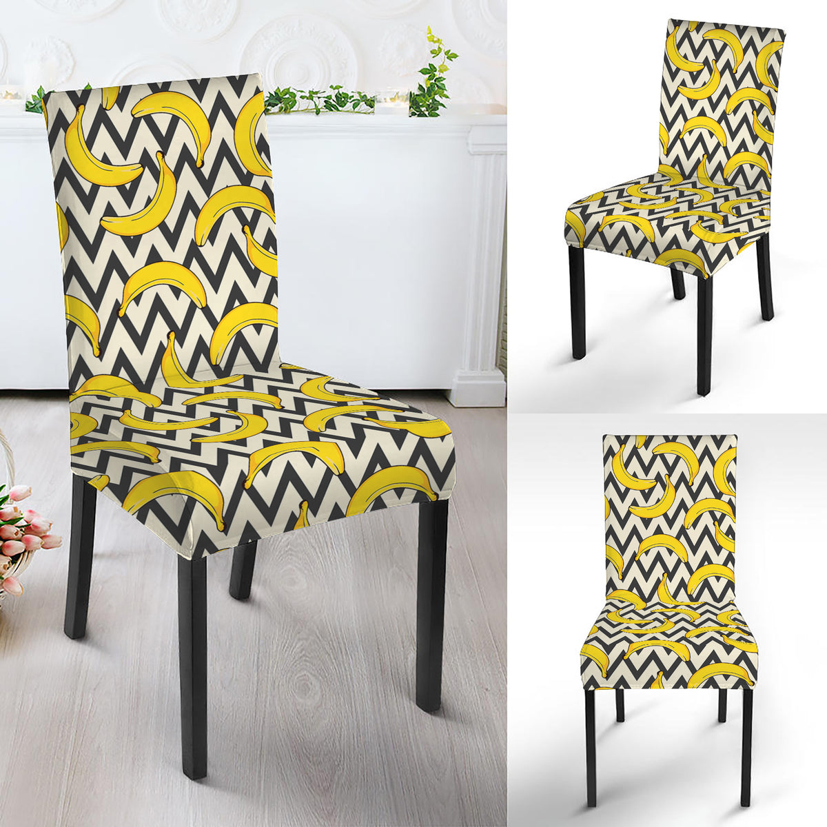 Zigzag Banana Pattern Print Dining Chair Slipcover