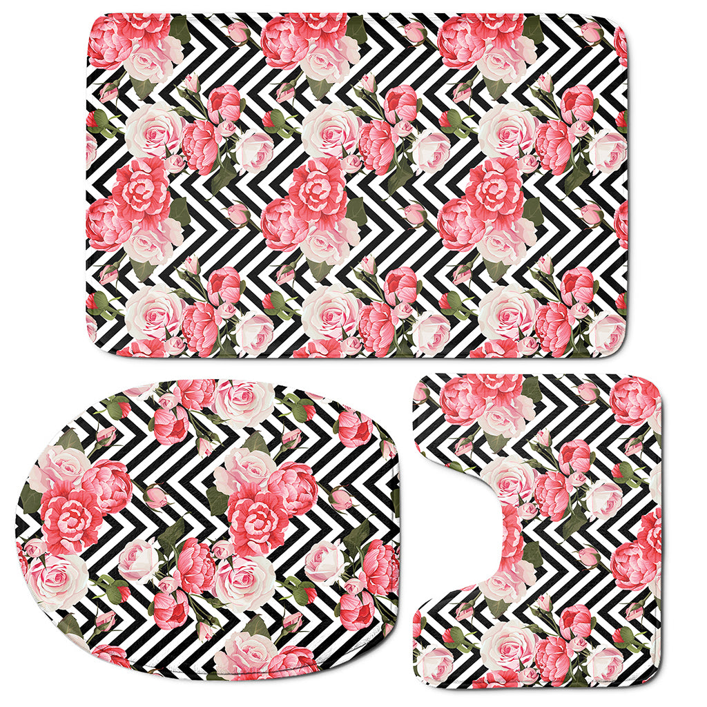Zigzag Peony And Rose Pattern Print 3 Piece Bath Mat Set