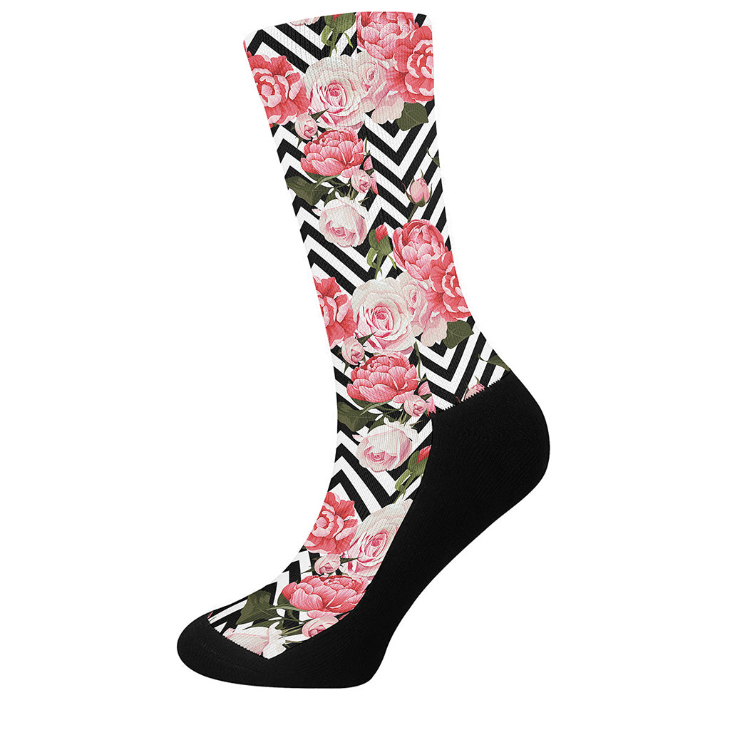 Zigzag Peony And Rose Pattern Print Crew Socks