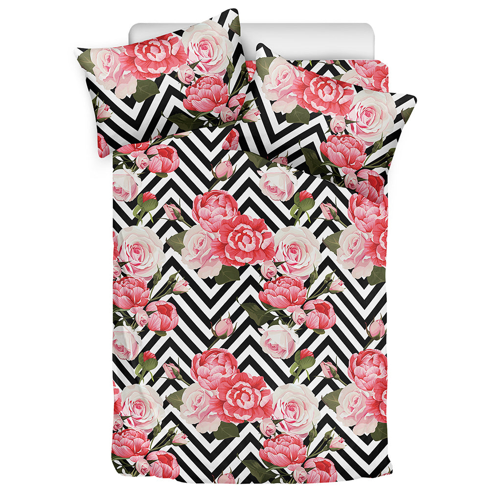 Zigzag Peony And Rose Pattern Print Duvet Cover Bedding Set