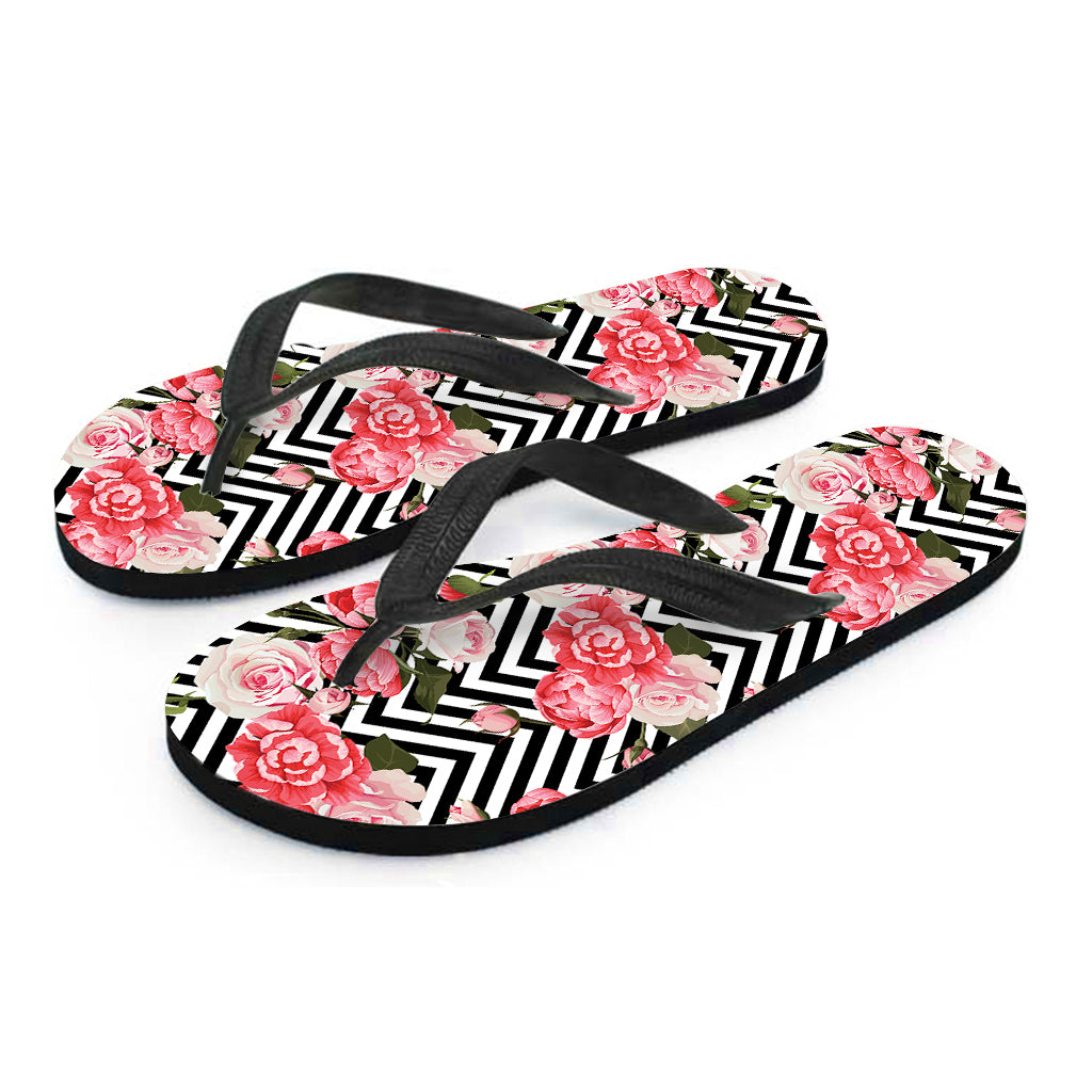 Zigzag Peony And Rose Pattern Print Flip Flops