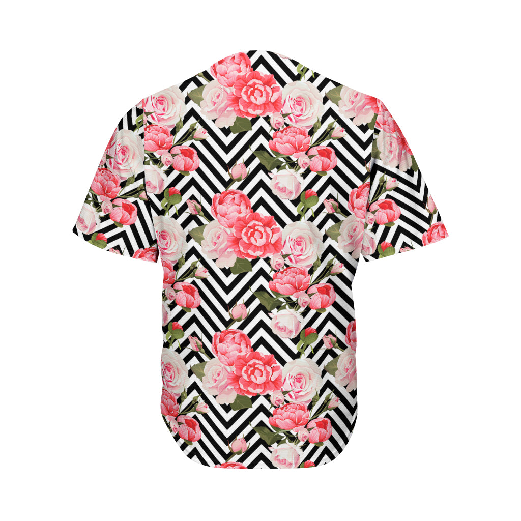 Zigzag Peony And Rose Pattern Print Men's Baseball Jersey